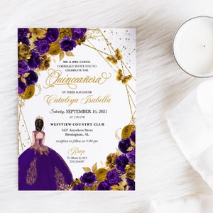 EDITABLE Invitation, Purple & Gold Floral Quinceanera Invitation, Birthday Invite, Mis Quince, Printable, Template, Corjl