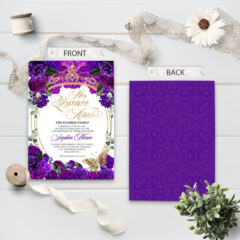 May include: Purple and gold quincea&ntilde;era invitation featuring a floral design and a crown. The text reads "Mis Quince A&ntilde;os" and includes the date, time, and location of the event.