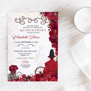 Red Roses Quinceanera Invitation: Charra Cowboy Boots (Editable Template)