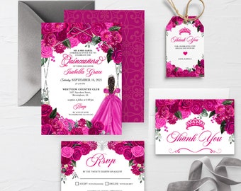 EDITABLE Invitation, Fuchsia Pink and Silver Floral Quinceanera Invitation Bundle, Mis Quince Anos, Birthday, Printable, Template, Corjl