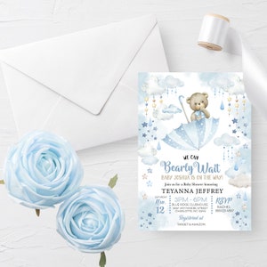 Invitación EDITABLE, Paraguas azul Oso de peluche Baby Sprinkle, Nubes y cielo, Podemos esperar temprano, Tormentoso, Lluvioso, Plantilla, Imprimible, Corjl