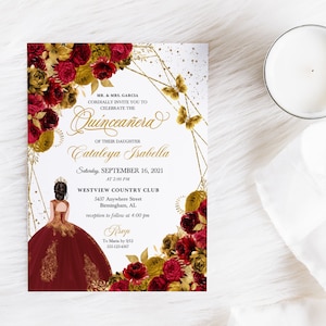 EDITABLE Invitation, Red & Gold Floral Quinceanera Invitation, Birthday Invite, Mis Quince, Printable, Template, Corjl