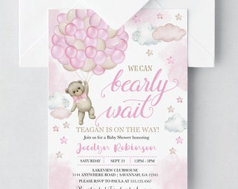 Pink Teddy Bear Baby Shower Invitation Template (Editable, Printable) Digital