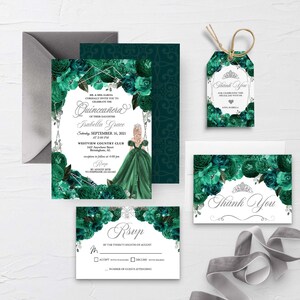 EDITABLE Invitation, Emerald Green & Silver Floral Quinceanera Invitation Bundle, Mis Quince Anos, Birthday, Printable, Template, Corjl