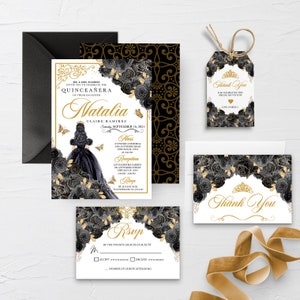 EDITABLE Invitation, Elegant Black and Gold Floral Quinceanera Invitation Bundle, Mis Quince Anos, Birthday, Printable, Template, Corjl