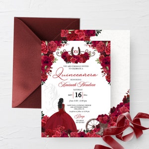 Red Roses Quinceanera Invitation: Western Cowboy Boots, Charra (Editable Template)