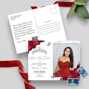 EDITIERBARE Einladung, Rot & Silber Floral Quinceanera Save The Date, Foto Postkarte, Geburtstag, Mis Quince, Printable Invite, Template, Corjl