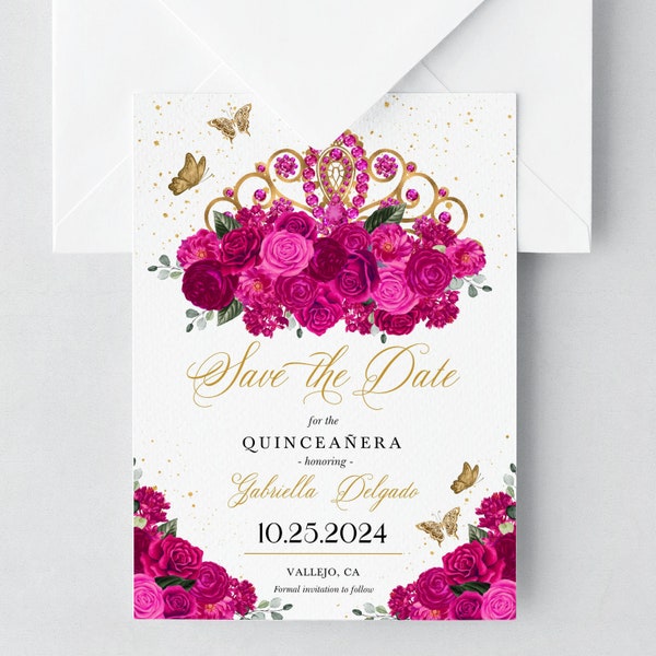 EDITABLE Invitation, Fuchsia Pink & Gold Floral Quinceanera Save The Date, Birthday Invite, Mis Quince, Printable Invite, Template, Corjl