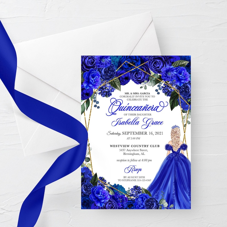 Puede incluir: Invitaci&oacute;n a Quincea&ntilde;era azul y dorada con borde floral y silueta de una ni&ntilde;a con un vestido azul. El texto dice "MR. & MRS. GARCIA CORDIALLY INVITE YOU TO CELEBRATE THE Quincea&ntilde;era OF THEIR DAUGHTER Isabella Grace Saturday, SEPTEMBER 16, 2021 AT 2:00 PM WESTVIEW COUNTRY CLUB 5437 Anywhere Street, Birmingham, AL reception to follow at 4:00 pm RSVP BY AUGUST 20TH TO STEPHANIE 555-123-4567"