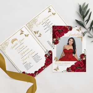 EDITABLE Program Template, Elegant Red & Gold Floral Quinceanera Program, Mis Quince, 5x7 Bi-Fold Program, Template, Corjl