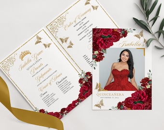 May include: A Quinceañera invitation with a red, white, and gold color scheme. The invitation features a photo of the Quinceañera in a red dress, surrounded by red roses and greenery. The text "Isabella's Quinceañera September 16, 20xx" is printed on the invitation.
