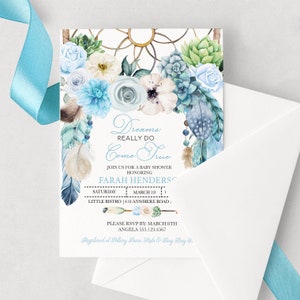 EDITABLE Invitation, Blue Boho Dreamcatcher Baby Shower Invitation, Baby Shower Invite, Printable Baby Shower Invitation Template, Corjl