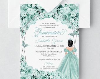May include: A Quinceañera invitation with a teal floral border and a silver geometric frame. The invitation features a drawing of a young woman in a teal gown with a butterfly on her shoulder. The text reads "MR. & MRS. GARCIA CORDIALLY INVITE YOU TO CELEBRATE THE QUINCEAÑERA OF THEIR DAUGHTER Isabella Grace Saturday, SEPTEMBER 16, 2021 AT 2:00 PM WESTVIEW COUNTRY CLUB 5437 Anywhere Street Birmingham, AL reception to follow at 4:00 pm RSVP BY AUGUST 20TH TO STEPHANIE 555-123-4567"
