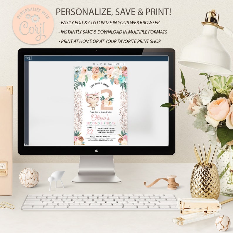 May include: A digital invitation for a second birthday party with a pink and gold owl theme. The invitation features a cute cartoon owl with a pink bow and a floral wreath. The text on the invitation reads "Olivia's Second Birthday" and includes the date, time, and location of the party.