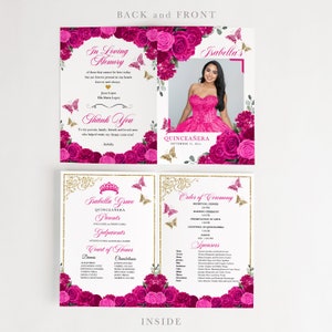 Floral Quinceanera Program Template: Fuchsia Pink, 5x7 Bi-fold (corjl ...