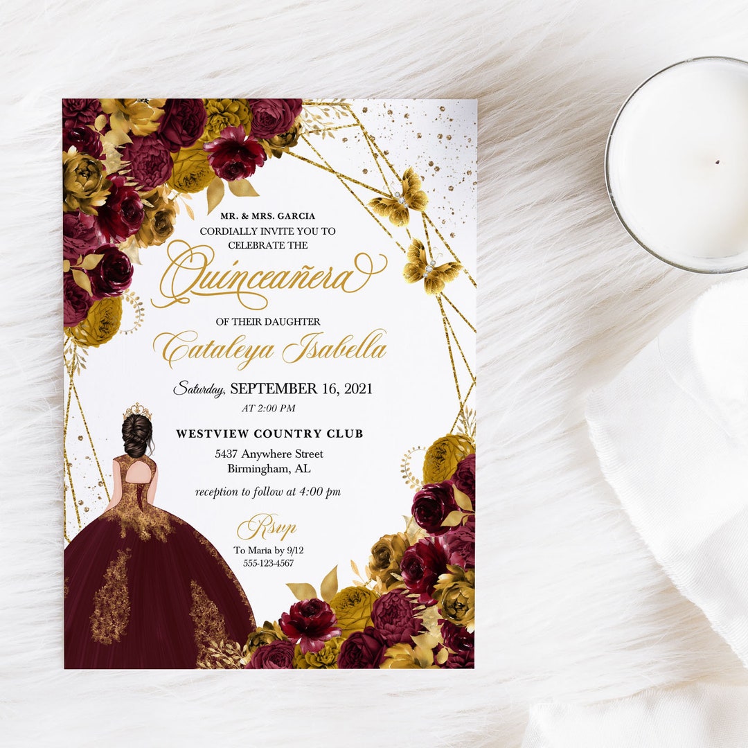 EDITABLE Invitation, Burgundy & Gold Floral Quinceanera Invitation