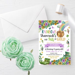 May include: A colorful invitation for a 6-year-old's birthday party with a rainbow, shamrocks, and a pot of gold. The invitation says "RAINBOWS, Shamrock's and Pots of Gold" and "Our little lucky charm TEYANNA is turning 6 years old!"  The party is on Saturday, March 17th at 2pm at 1108 Mistletoe Road, Nashville, TN. Please RSVP to Kathy at 555-123-4567.