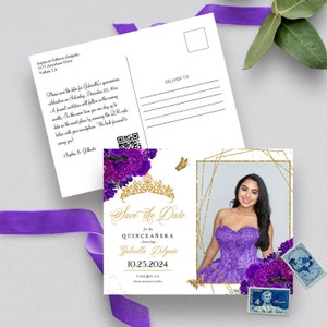 EDITABLE Invitation, Purple & Gold Quinceanera Save The Date, Photo Postcard, Birthday Invite, Mis Quince, Printable Invite, Template, Corjl