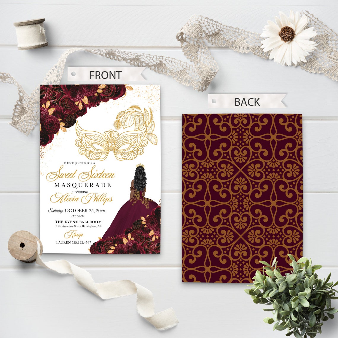 EDITABLE Invitation Burgundy & Gold Floral Sweet Sixteen Etsy