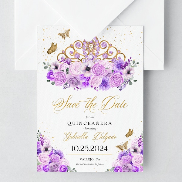 EDITABLE Invitation, Lilac & Gold Floral Quinceanera Save The Date, Birthday Invite, Mis Quince, Printable Invite, Template, Corjl