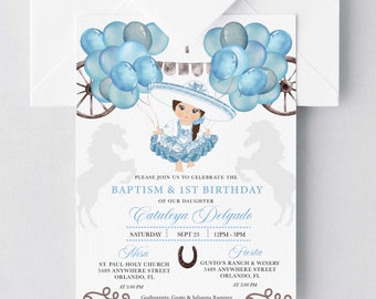 May include: A blue and white baptism and first birthday invitation with a watercolor illustration of a girl wearing a traditional Mexican dress and sombrero. The invitation includes the text "Please join us to celebrate the Baptism & 1st Birthday of our daughter Cataleya Delgado" and details for the events at St. Paul Holy Church and Gusto's Ranch & Winery.