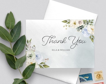 Rustic Blue Floral Wedding Thank You Card, Wedding, Template, Editable, Watercolor Florals, Printable, Corjl