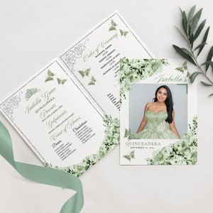 EDITABLE Program Template, Elegant Sage Green Floral Quinceanera Program, Mis Quince, 5x7 Bi-Fold Program, Template, Corjl