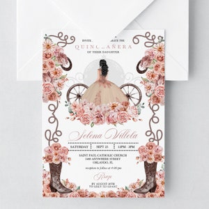 EDITABLE Invitation, Rose Gold Champagne Western Cowboy Boots Quinceanera, Fiesta, Birthday, Mis Quince, Printable, Template, Corjl