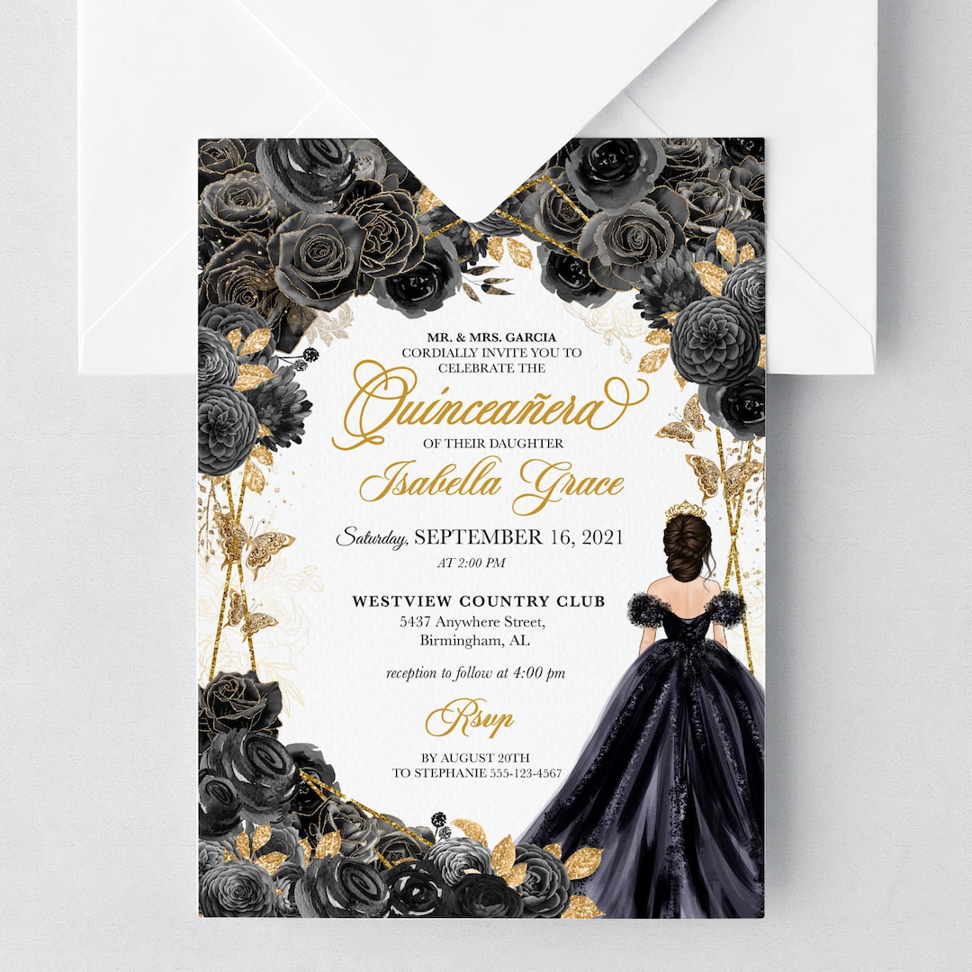 EDITABLE Invitation, Elegant Black and Gold Quinceanera Invitation