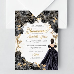 May include: Black and gold Quinceañera invitation with a floral design and a silhouette of a woman in a black gown. The invitation includes the text "Quinceañera" and "Isabella Grace". The date of the event is September 16, 2021, and the location is Westview Country Club.