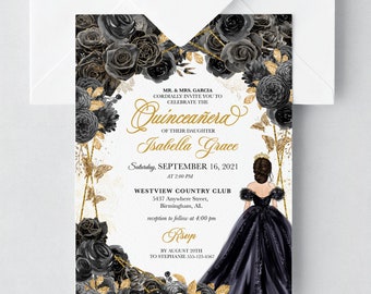 May include: Black and gold Quinceañera invitation with a floral design and a silhouette of a woman in a black gown. The invitation includes the text "Quinceañera" and "Isabella Grace". The date of the event is September 16, 2021, and the location is Westview Country Club.