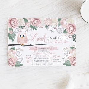 Pink Owl Baby Shower Invitation: Floral, Editable (Corjl)