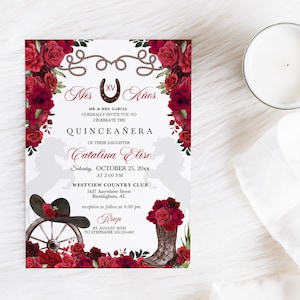 Invitación EDITABLE, Invitación de Quinceañera de Botas Vaqueras del Oeste de Rosas Rojas, Fiesta, Cumpleaños, Mis Quince, Imprimible, Plantilla, Corjl