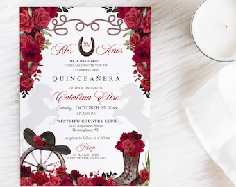 Puede incluir: Una invitación a una quinceañera con fondo blanco y rosas rojas. El texto dice "Mis XV Años" y "Catalina Elise". La invitación incluye la fecha, hora y lugar del evento. También se incluye información de RSVP.