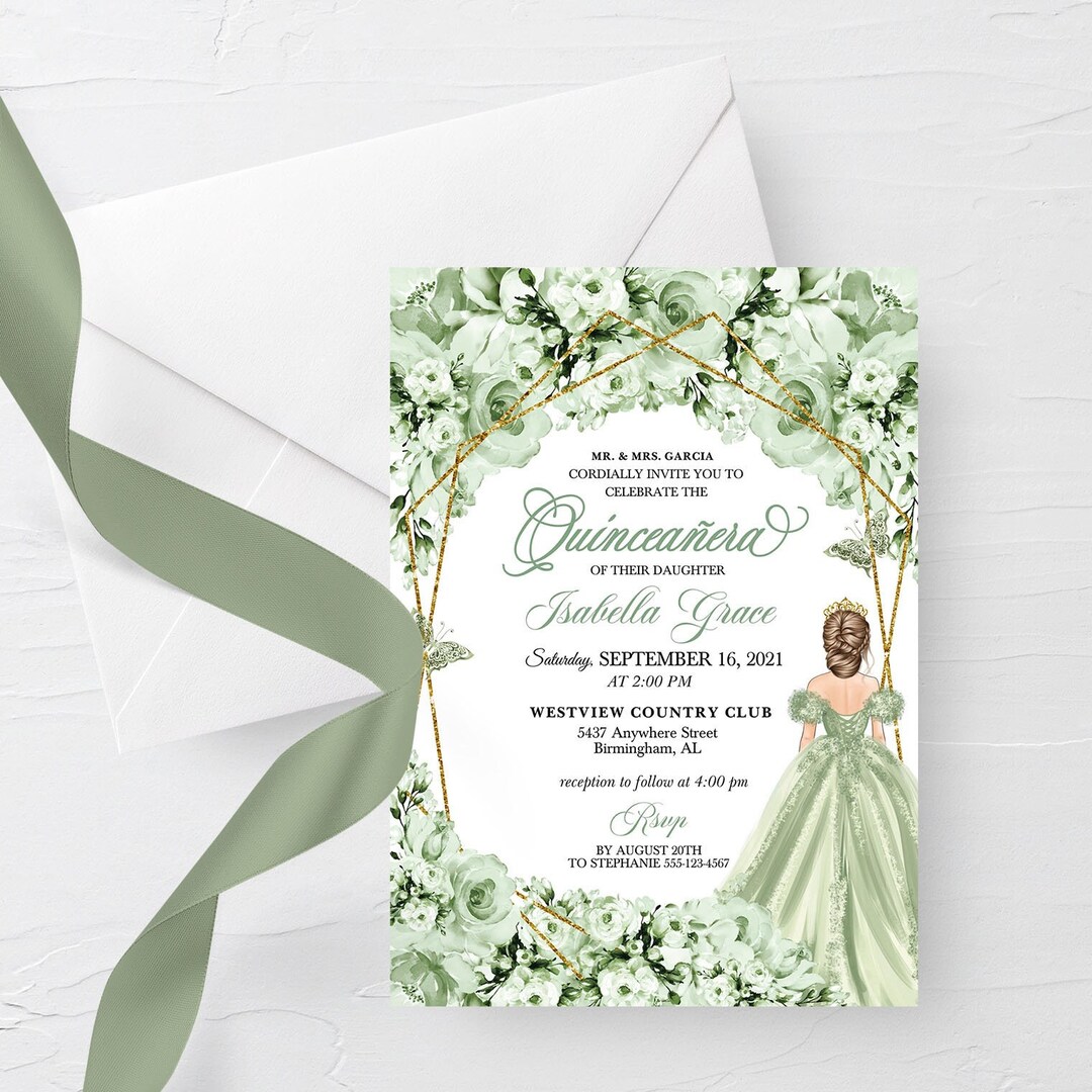 Elegant Sage Green Floral Quinceanera Invitation Template (editable ...