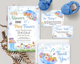 Op de afbeelding: Een blauwe baby shower uitnodiging met een aquarel illustratie van een blauwe paraplu met bloemen. De uitnodiging bevat de tekst "April Showers Bring May Flowers" en details voor een baby shower ter ere van Tabitha Richards. Er zijn ook drie extra kaarten met de tekst: "Books for Baby", "Diaper Raffle" en "Thank You".