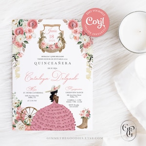 Pink Floral Western Mariachi Charro Cowgirl Quinceanera Invitation, Fiesta, Birthday, Mis Quince, Printable, Template, Corjl