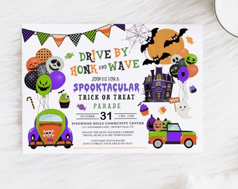May include: A Halloween-themed invitation for a drive-by trick-or-treat parade. The invitation features a purple and green car with a skull and crossbones, a haunted house, and a ghost. The text reads "Drive By Honk and Wave Join Us For A Spooktacular Trick or Treat Parade October 31 4 PM - 9 PM Pinewood Hills Community Center 2147 Anywhere Lane | Spookyville, TN Follow the signs and enjoy curbside treats, music & scary storytelling Costumes encouraged Don't forget your treat bucket!"