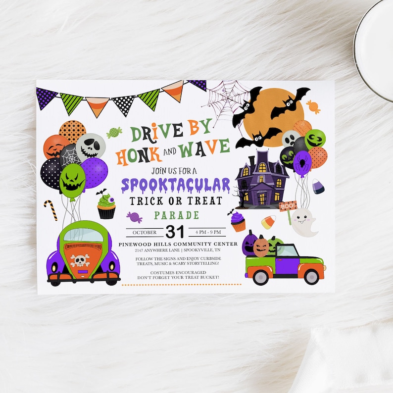 May include: A Halloween-themed invitation for a drive-by trick-or-treat parade. The invitation features a purple and green car with a skull and crossbones, a haunted house, and a ghost. The text reads "Drive By Honk and Wave Join Us For A Spooktacular Trick or Treat Parade October 31 4 PM - 9 PM Pinewood Hills Community Center 2147 Anywhere Lane | Spookyville, TN Follow the signs and enjoy curbside treats, music & scary storytelling Costumes encouraged Don't forget your treat bucket!"