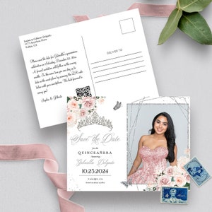 Invitación EDITABLE, Quinceañera Floral Rosa Rubor y Plata Guardar la Fecha, Postal Fotográfica, Cumpleaños, Mis Quince, Imprimible, Plantilla, Corjl