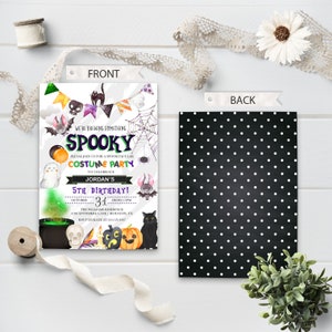 May include: A Halloween party invitation with a black cat, a cauldron, a ghost, and a pumpkin. The invitation says "We're brewing something spooky" and "Costume Party to celebrate Jordan's 5th Birthday!" The back of the invitation is black with white polka dots.