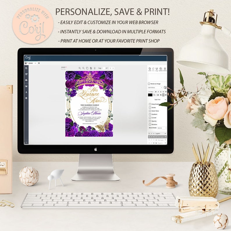 May include: A digital design template for a Quincea&ntilde;era invitation. The invitation features a purple and gold design with a crown, flowers, and a butterfly. The text on the invitation reads "Mis Quince A&ntilde;os" and "The Ramirez Family".