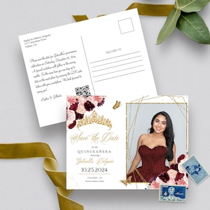 Invitación EDITABLE, Quinceañera Floral Rosa Borgoña y Oro Guardar la Fecha, Foto Postal, Cumpleaños, Mis Quince, Imprimible, Plantilla, Corjl