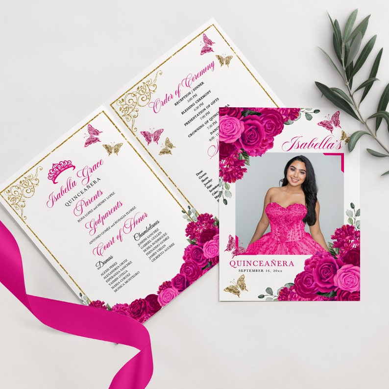 Floral Quinceanera Program Template: Fuchsia Pink, 5x7 Bi-fold (corjl ...