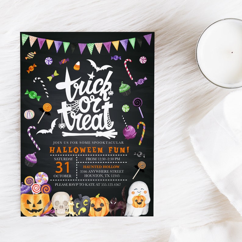 May include: A black chalkboard Halloween party invitation with the text "trick or treat" in white. The invitation includes details for a Halloween party on Saturday, October 31st from 12:30 to 2:30 PM at Haunted Hollow, 3346 Anywhere Street, Houston, TX 12345. The invitation also includes a phone number to RSVP to Kate at 555.123.4567.