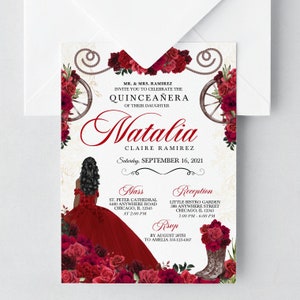 Red Roses Quinceanera Invitation: Western Cowboy Boots, Charra (Editable Template)