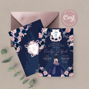EDITIERBARE Einladung, Navy Blau & Blush Pink Floral Quinceanera Einladung, Geburtstag einladen, Mis Quince, printable, Vorlage, Corjl