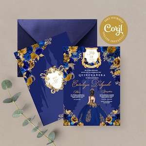 EDITABLE Invitation, Royal Blue & Gold Floral Quinceanera Invitation, Birthday Invite, Mis Quince, Printable, Template, Corjl