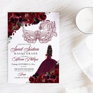 EDITABLE Invitation, Burgundy Floral Sweet Sixteen Masquerade Invitation, Birthday Invite, Sweet 16, Printable, Template, Corjl