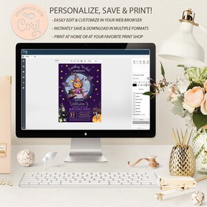 May include: A computer screen displaying a purple and black Halloween party invitation with a witch and bats. The invitation says "Something Wicked is Brewing" and "Sabrina's Spooktacular Birthday Party".